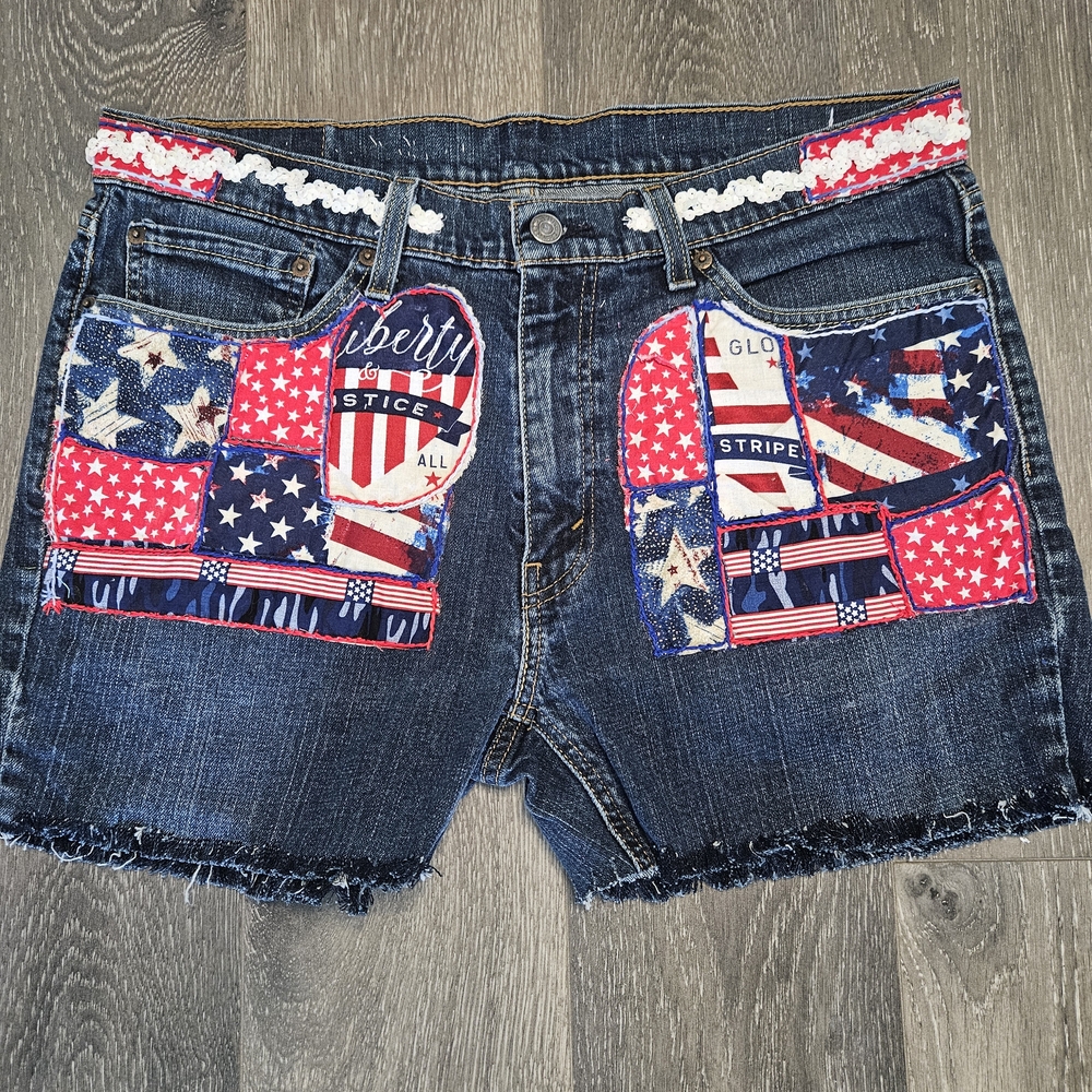 Upcycled Levi's Blue and Red Jean Shorts with Distressed Hem